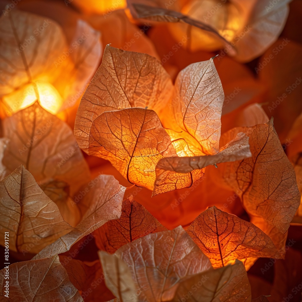 Fototapeta premium Brightly Lit, Glowing Autumn Leaves Cluster Together in Soft Light