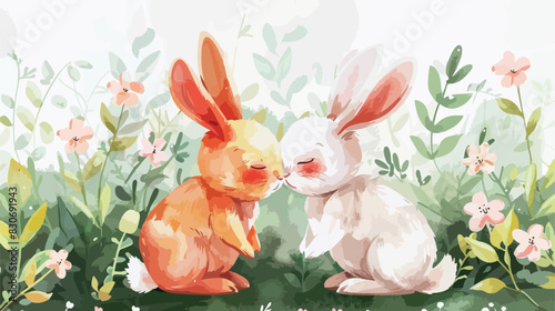 Watercolor cute couple rabbit and pink flowers in the