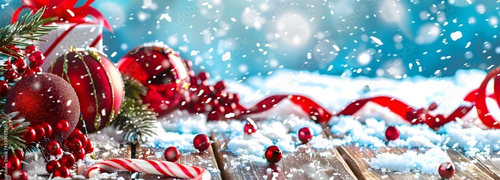 Christmas background with red ornaments and snow