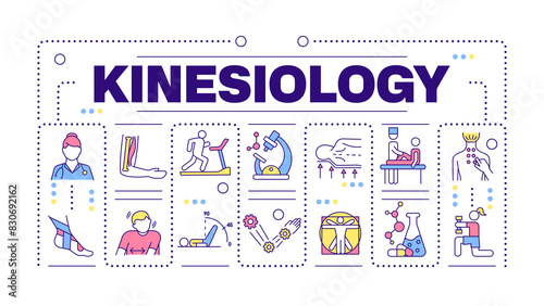 Kinesiology word concept isolated on white. Body movement science. Rehabilitation. Physical therapy. Creative illustration banner surrounded by editable line colorful icons. Hubot Sans font used