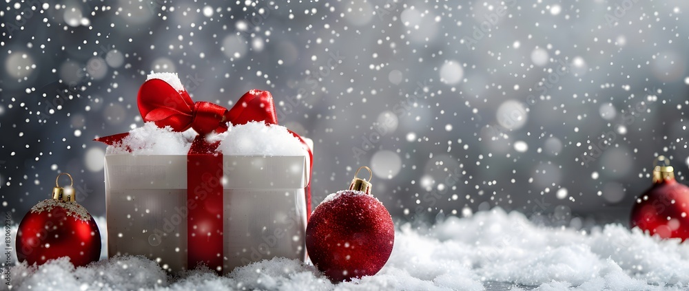 Christmas Background with Gift Box, Red Baubles, and Snow Christmas Background with Gift Box, Red Baubles, and Snow