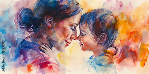 Tender Moment Between Mother and Child in Vibrant Watercolor Art
