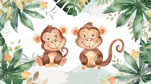 Watercolor Cute Monkey Safari Tribal Animals illustration