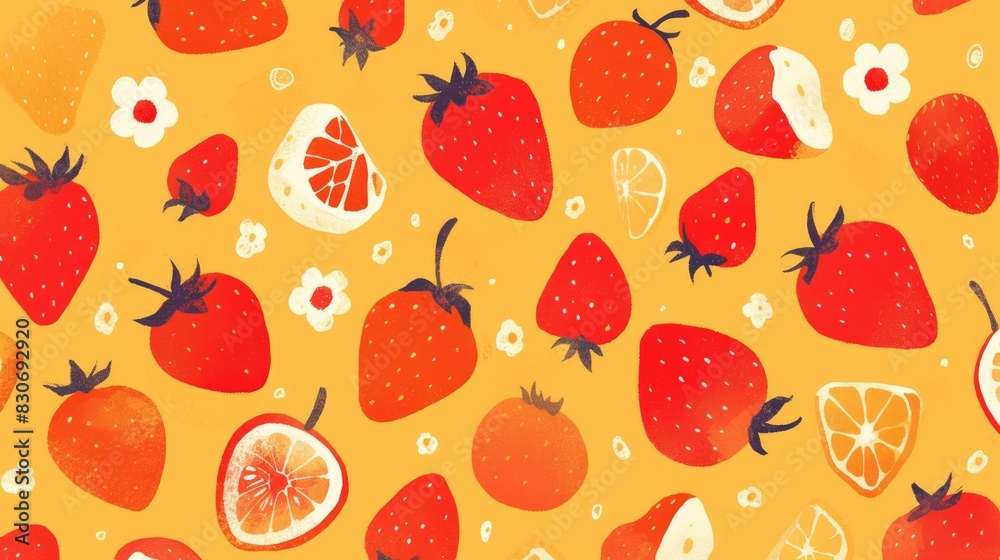 A trendy textile and wallpaper print featuring a simple yet vibrant strawberry pattern set against a mustard background with juicy strawberries and a 2d like texture