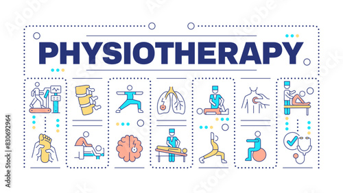 Physiotherapy word concept isolated on white. Physical rehabilitation. Medical care. Occupational therapy. Creative illustration banner surrounded by editable line colorful icons. Hubot Sans font used