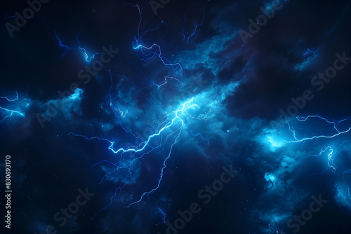 Lightning, electric thunderbolt strike of blue color during night storm, impact, crack, magical energy flash. 