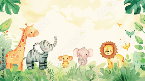Watercolor cute safari animals background vector style