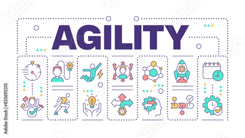 Agility word concept isolated on white. Business methodology. Project management. Process improvement. Creative illustration banner surrounded by editable line colorful icons. Hubot Sans font used