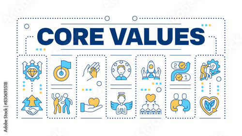 Core values word concept isolated on white. Company principles. Social responsibility. Business ethics. Creative illustration banner surrounded by editable line colorful icons. Hubot Sans font used