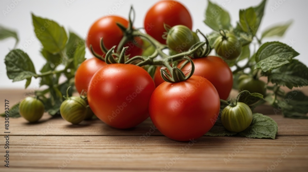 Fresh Harvest Ripe Red Tomatoes with Lush Foliage on Wooden Surface