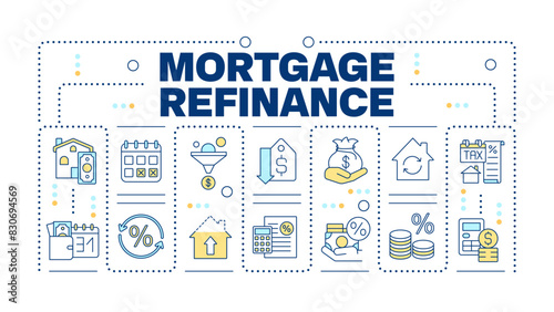 Mortgage refinancing word concept isolated on white. Financial planning. Debt consolidation. Creative illustration banner surrounded by editable line colorful icons. Hubot Sans font used