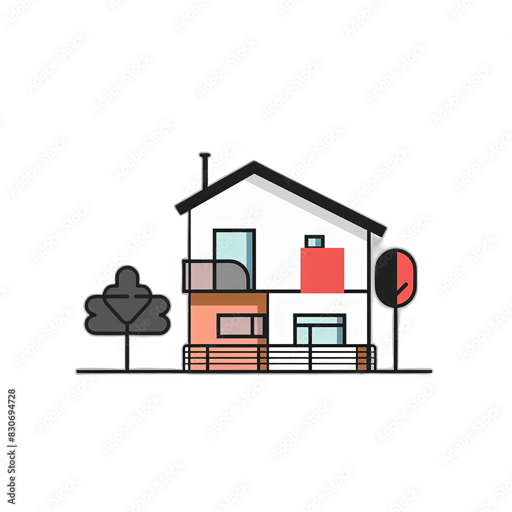 Fototapeta premium Residential house concept with a pitched roof, cartoon 2d