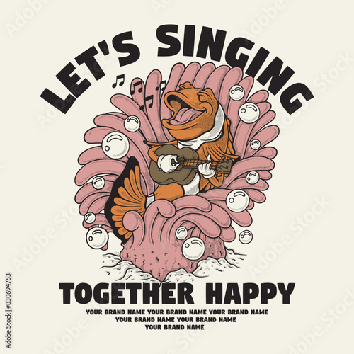 retro cartoon emblem of clown fish playing acoustic guitar