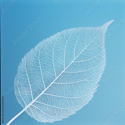 Stylized Close-up of a Leaf with Water Drops on a Light Blue Background