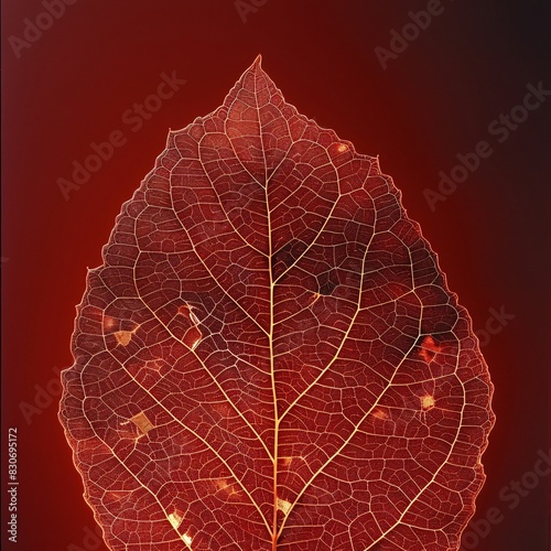 Glistening Leaf: Close-up View of a Red Maple Leaf with Spots and Veins