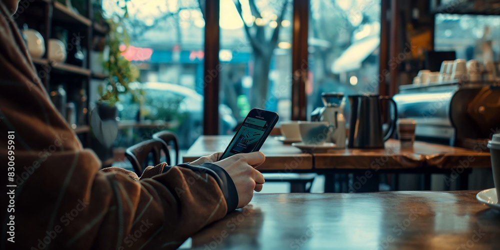 Obraz premium A person comfortably seated in a cozy cafe checks their phone in the morning light, capturing a moment of modern lifestyle, connection, and the ritual of enjoying a quiet moment.