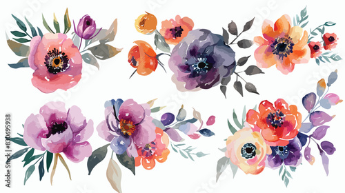 Watercolor flower Four bouquets. Floral clip art. Pe