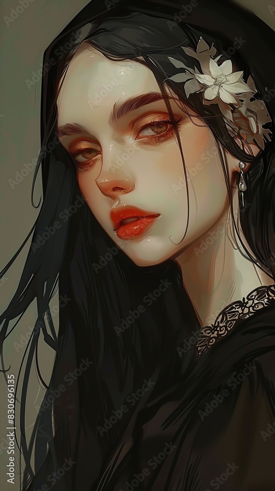 Artistic portrait of a woman with dark hair wearing a black outfit and floral hair accessory, expressing elegance and melancholy. Artistic portrait of a woman with dark hair wearing a black outfit and floral hair accessory, expressing elegance and melancholy.