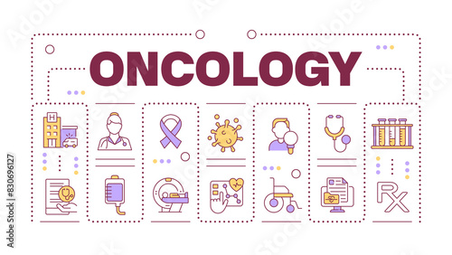 Oncology word concept isolated on white. Cancer diagnostic and treatment. Chemotherapy. Medical care. Creative illustration banner surrounded by editable line colorful icons. Hubot Sans font used