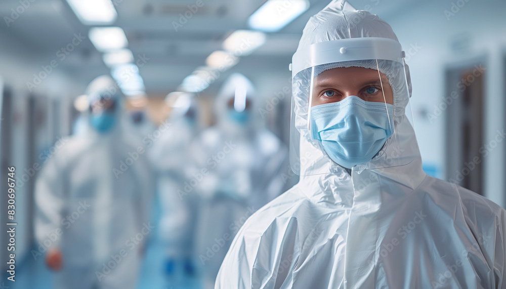 Portrait of a dedicated healthcare worker in personal protective equipment (ppe) standing in a hospital corridor, with colleagues in the background during a public health emergency Portrait of a dedicated healthcare worker in personal protective equipment (ppe) standing in a hospital corridor, with colleagues in the background during a public health emergency