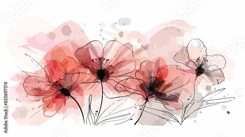 Watercolor flowers black lines splash. Isolated on white