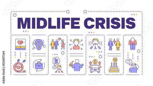 Midlife crisis word concept isolated on white. Self reflection. Health issues. Depression and anxiety. Creative illustration banner surrounded by editable line colorful icons. Hubot Sans font used