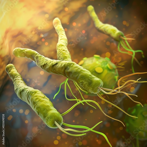 Detailed 3D illustration of Helicobacter pylori bacteria, a common pathogen found in human stomach lining causing various gastrointestinal diseases.