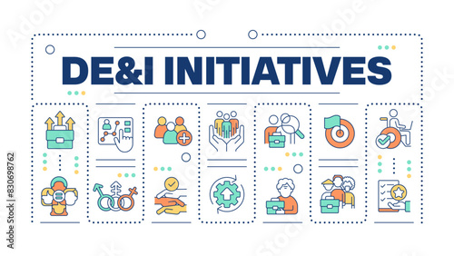 DEI initiatives word concept isolated on white. Diversity, equity and inclusion.Workplace culture. CSR. Creative illustration banner surrounded by editable line colorful icons. Hubot Sans font used