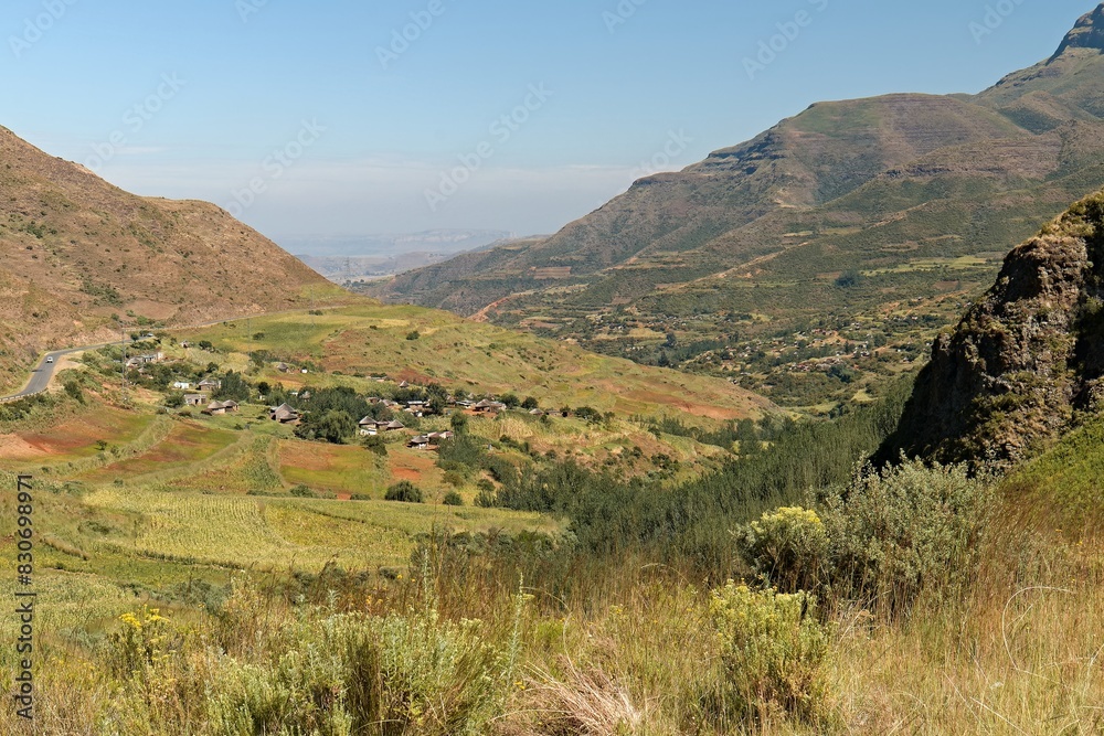 View of the countryside near Motahane village and the Maloti mountain range. Butha-Buthe district. Kingdom of Lesotho. Africa.