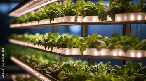 Vertical farm facility, showcasing rows of leafy greens and herbs growing vertically in stacked layers under artificial lighting, sustainable farming practices for urban agriculture food production © Oleks Stock