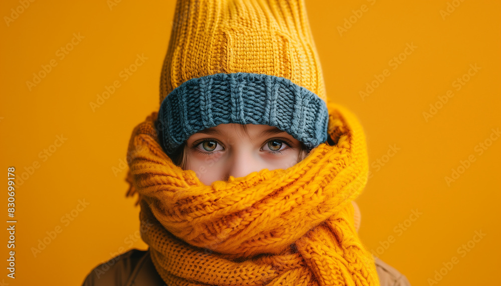 Close-up of a person's eyes peeking out from a yellow knitted hat and orange scarf against a solid mustard background, symbolizing cozy winter fashion and youthful style Close-up of a person's eyes peeking out from a yellow knitted hat and orange scarf against a solid mustard background, symbolizing cozy winter fashion and youthful style