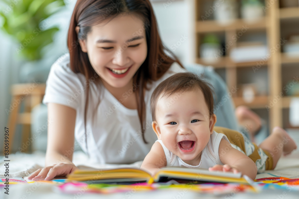 Joyful Young Mother and Baby Playing with Colorful Books at Home Joyful Young Mother and Baby Playing with Colorful Books at Home