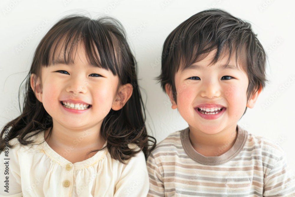 Cheerful Young Children Smiling Brightly in a White Studio Setting Cheerful Young Children Smiling Brightly in a White Studio Setting