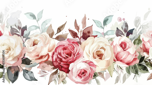 Watercolor flowers pink and white roses. Bouquet for