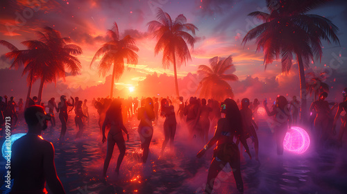 A lively beach party ensues as the sun sets, with colorful lights illuminating palm trees and people grooving on the sandy shore photo