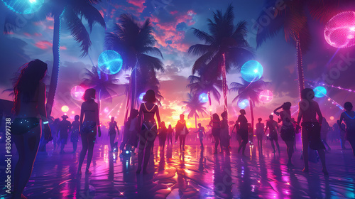 Energetic beach party scene with colorful lights  palm trees  and people dancing on the sand at sunset.