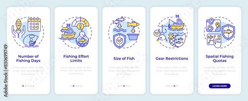 Fisheries management tools onboarding mobile app screen. Walkthrough 5 steps editable graphic instructions with linear concepts. UI, UX, GUI template. Montserrat SemiBold, Regular fonts used