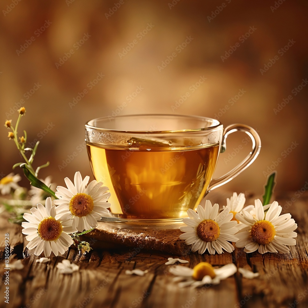 Warming Cup of Chamomile Tea on Wooden Table with Fresh Herbs Warming Cup of Chamomile Tea on Wooden Table with Fresh Herbs