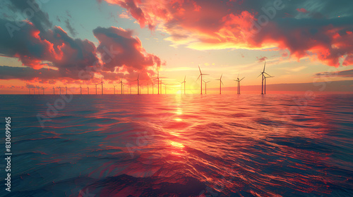 Against the backdrop of a vibrant sunset, an offshore wind farm stands tall with numerous turbines, creating a stunning scene over serene waters © IYearDesign