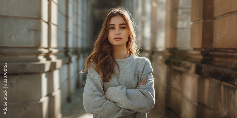 A young woman in a casual gray sweater with arms crossed, standing confidently in a historic architectural corridor with warm sunlight casting shadows. A young woman in a casual gray sweater with arms crossed, standing confidently in a historic architectural corridor with warm sunlight casting shadows.