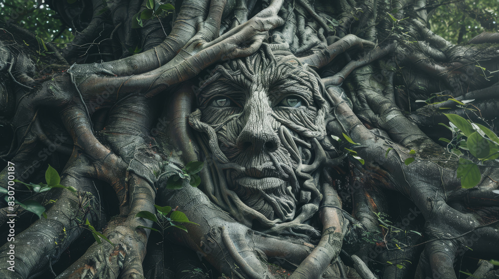 Humans deeply connected to the earth, with roots intertwining with natural elements