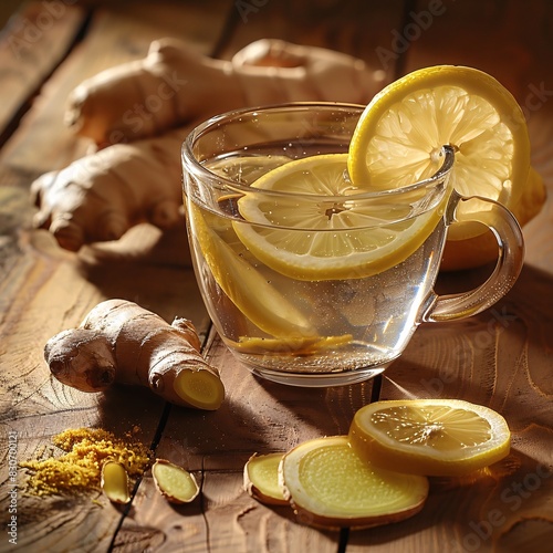 Ginger Tea with Lemon Slices and Fresh Ginger on a Wooden Table photo