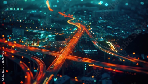 Aerial view of city at night with highway network, long exposure shot, tiltshift effect. photo