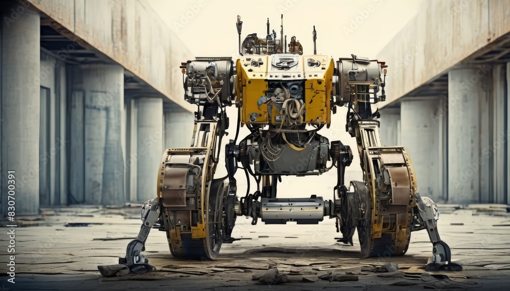 Obraz premium A complex yellow industrial robot stands imposingly in an abandoned warehouse, with intricate mechanical parts and a robust design.. AI Generation