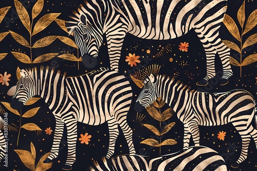 Seamless pattern with zebras on dark background photo