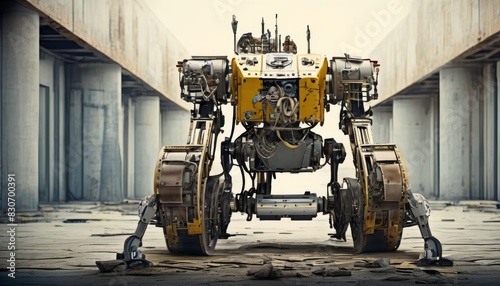 A complex yellow industrial robot stands imposingly in an abandoned warehouse, with intricate mechanical parts and a robust design.. AI Generation