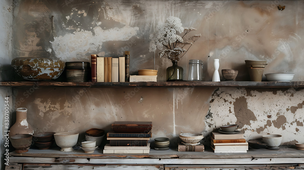 Warm light bathes a vintage bookshelf with worn utensils hanging above a table in studio