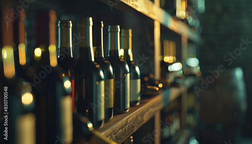 Wine bottles in a dark room. Shelves with bottles of wine. Glass bottles, focus on one bottle photo