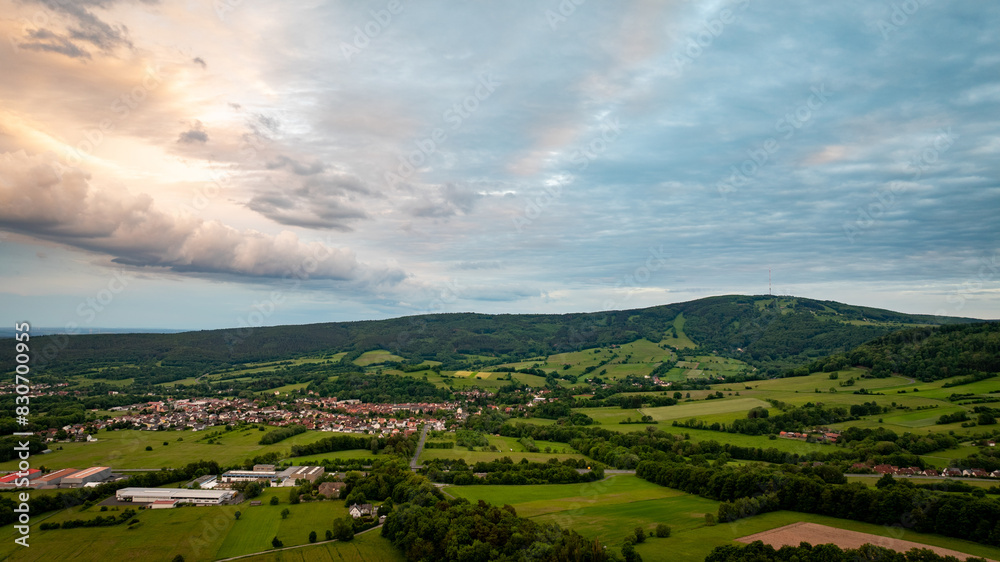 Fototapeta premium drone panorama, bischofsheim, rhön, franconia, bavaria, kreuzberg, heidestein, rhön-grabfeld, landscape, aerial view