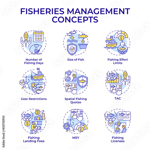 Fisheries management multi color concept icons. Marine ecosystem, seafood production. Icon pack. Vector images. Round shape illustrations for infographic, presentation. Abstract idea
